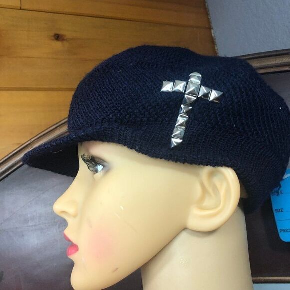Navy Blue Visor Beanie / Cap with a Cross with Studs - Picture 2 of 2